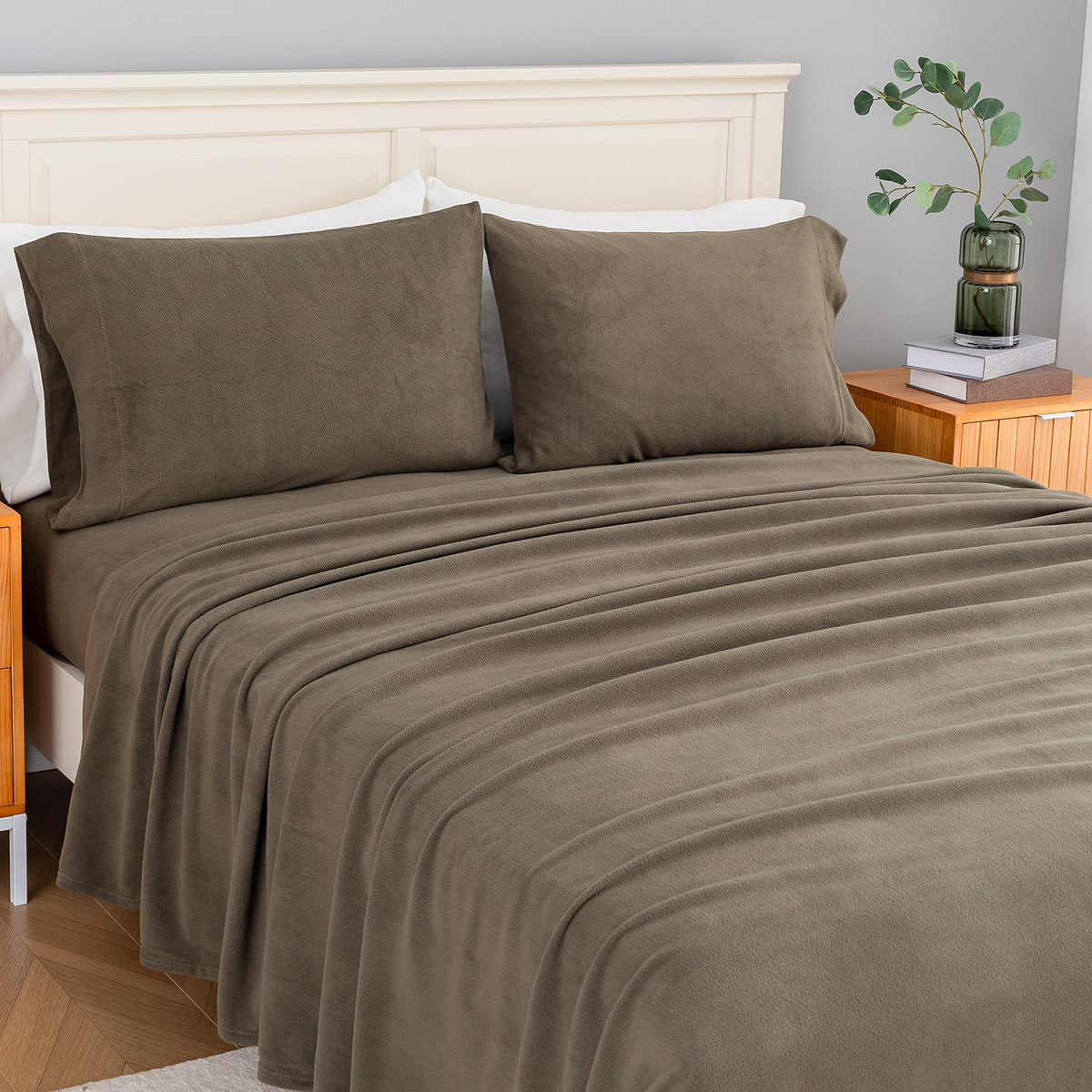 All-Season Microfleece Sheet Set in Kalamata on a made bed, angled view