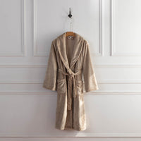A taupe VelvetLoft Robe displayed on a hanger against a white wall.