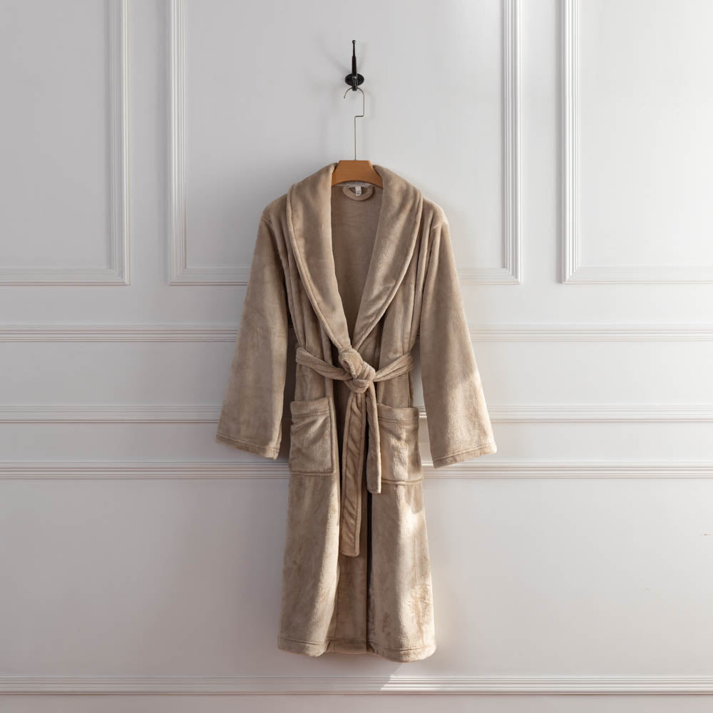 A taupe VelvetLoft Robe displayed on a hanger against a white wall.