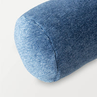 A close up of a blue EcoThread Neckroll Pillow, displaying its sof tand plush texture.