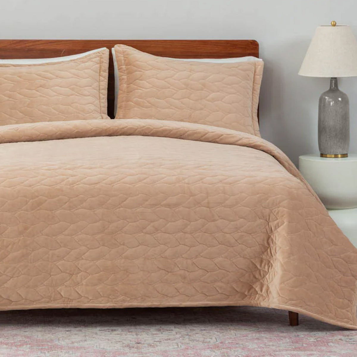 VelvetLoft® Quilt Set in Linen on a made bed, front view