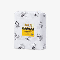 Peanuts printed microfiber sheet set packaged and set on a white surface.