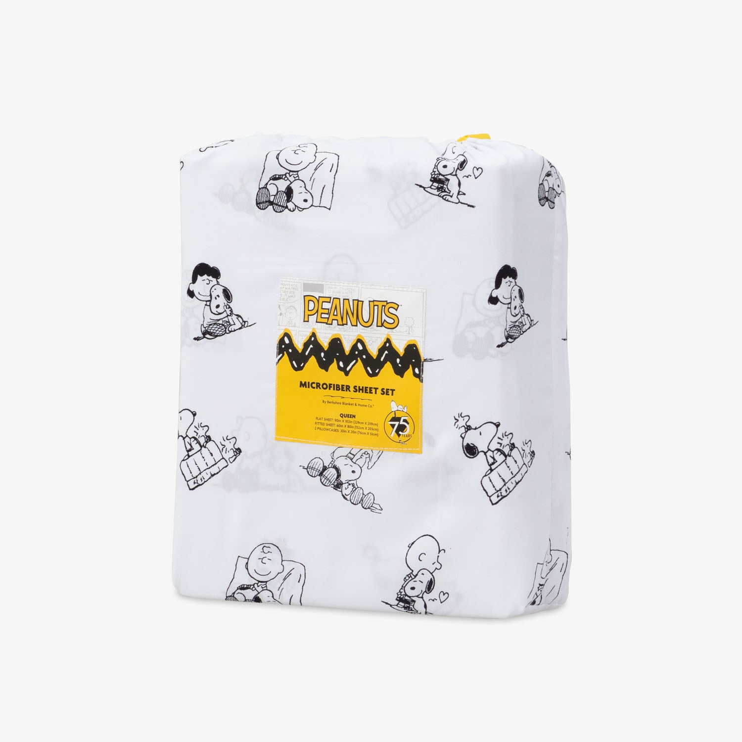 Peanuts printed microfiber sheet set packaged and set on a white surface.