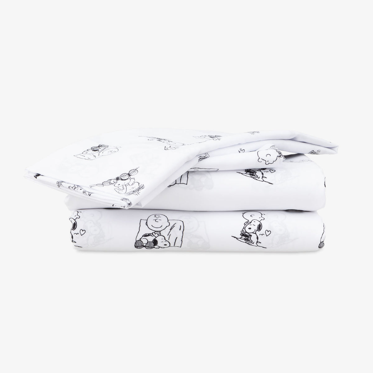 Peanuts printed microfiber sheet set folded neatly on a white surface.