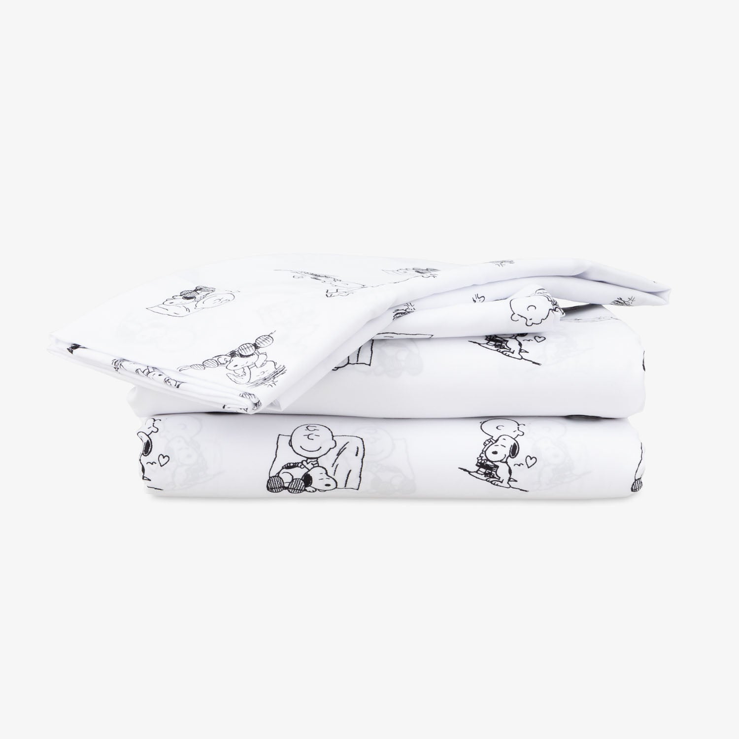 Peanuts printed microfiber sheet set folded neatly on a white surface.