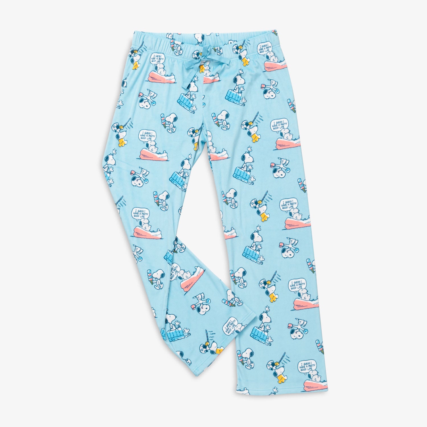 Peanuts 75th Anniversary printed lounge pants laid flat on a white surface.