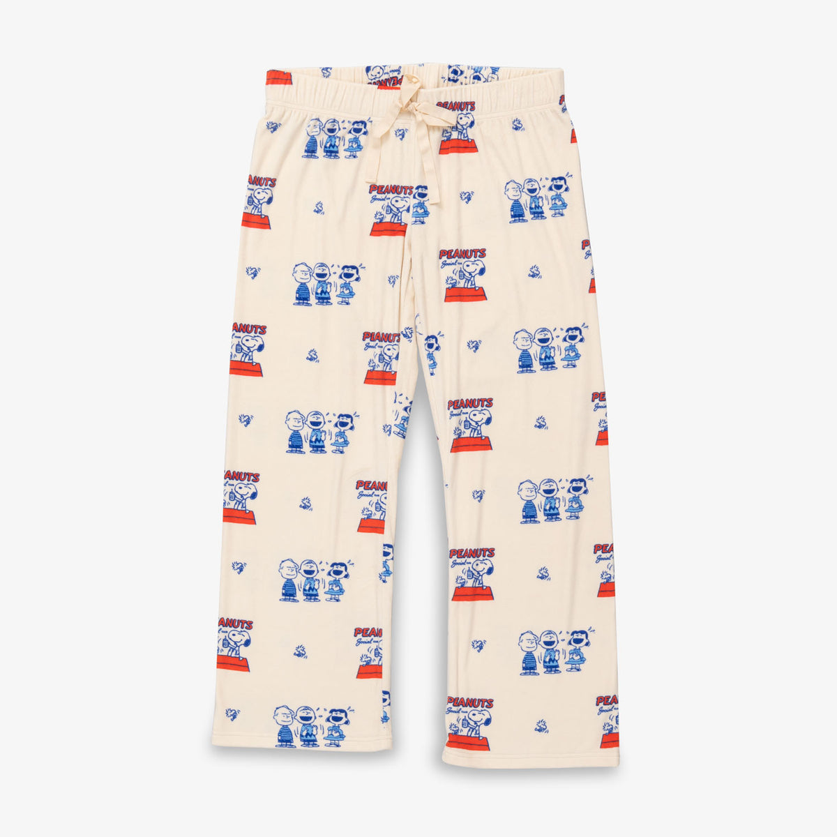 Peanuts 75th Anniversary printed lounge pants laid flat on a white surface.