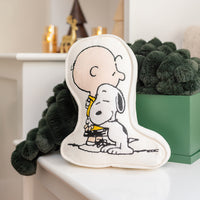 Decorative pillow with cartoon characters on a shelf with decorative items.