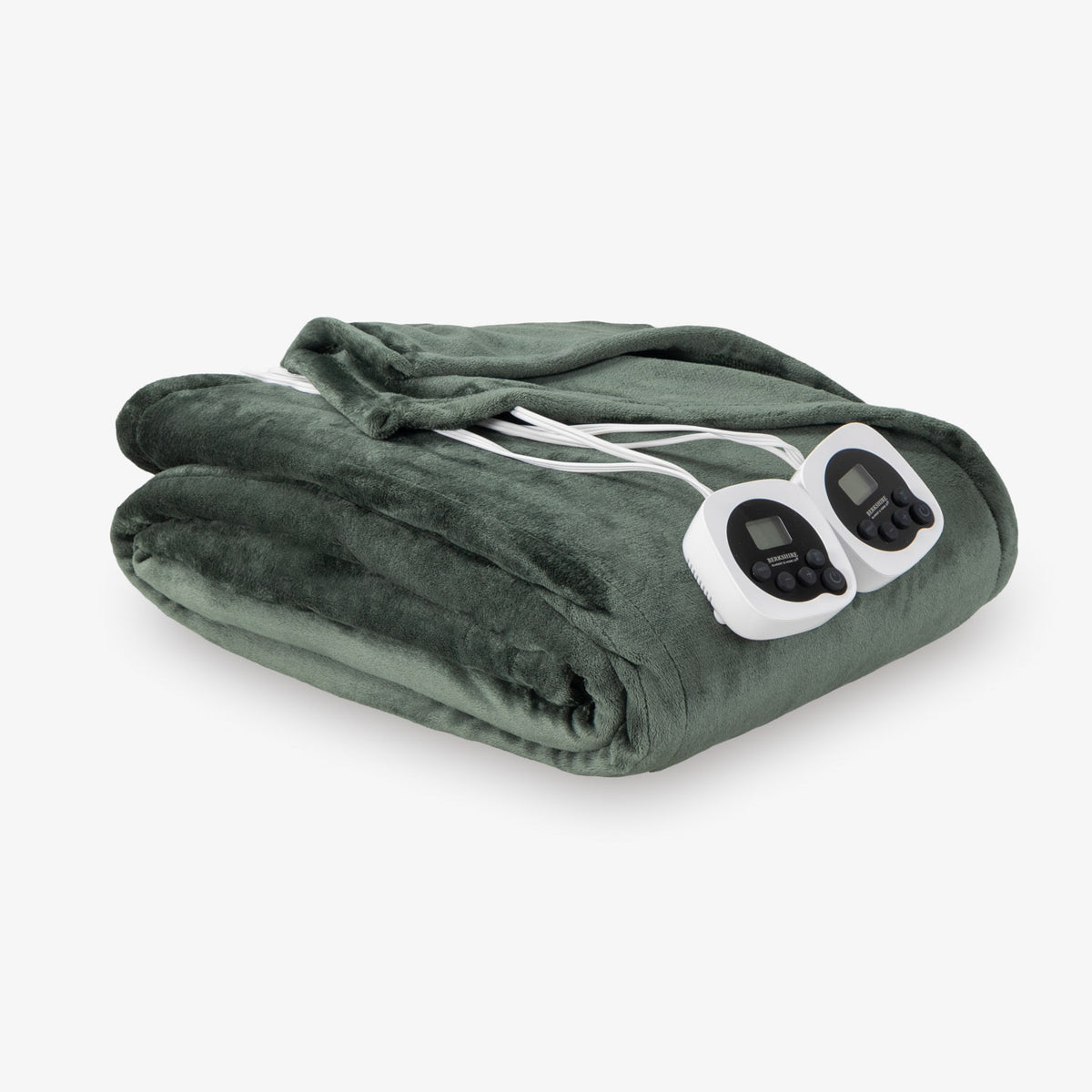 Folded green blanket with a cord on a white background
