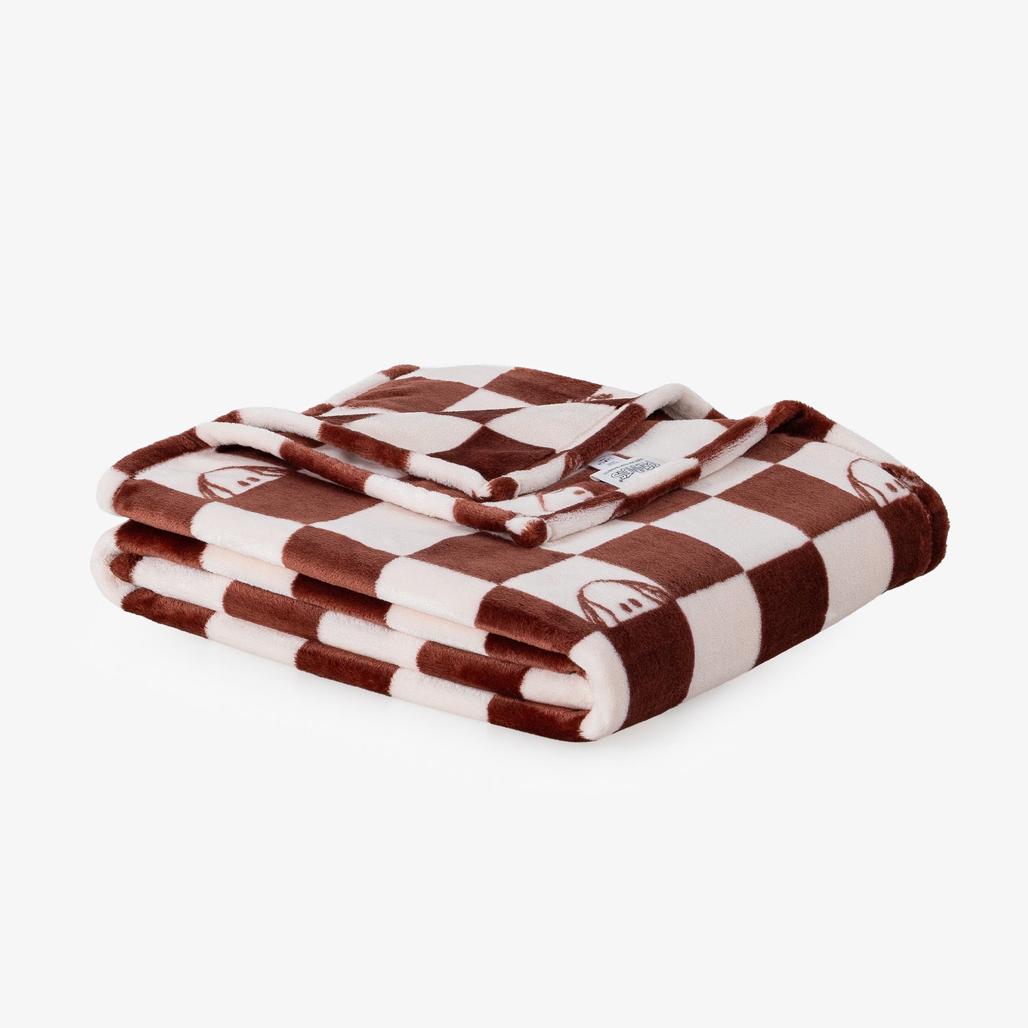 A folded plush throw blanket with a brown and cream checkerboard pattern and small dog silhouettes, shown on a light gray background.
