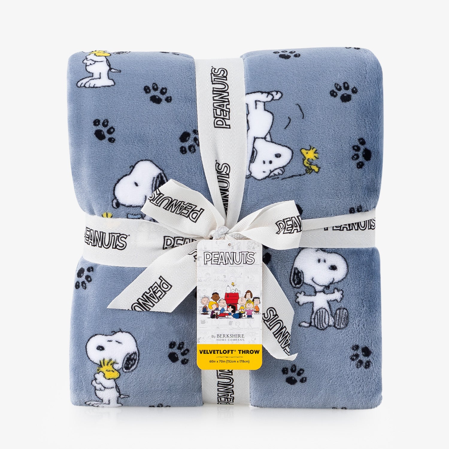 A folded light blue plush throw blanket with a Peanuts character print, wrapped in a white ribbon with the Peanuts logo and a yellow tag.