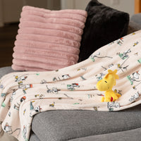 Plush blanket with cartoon characters on a couch with a plush toy