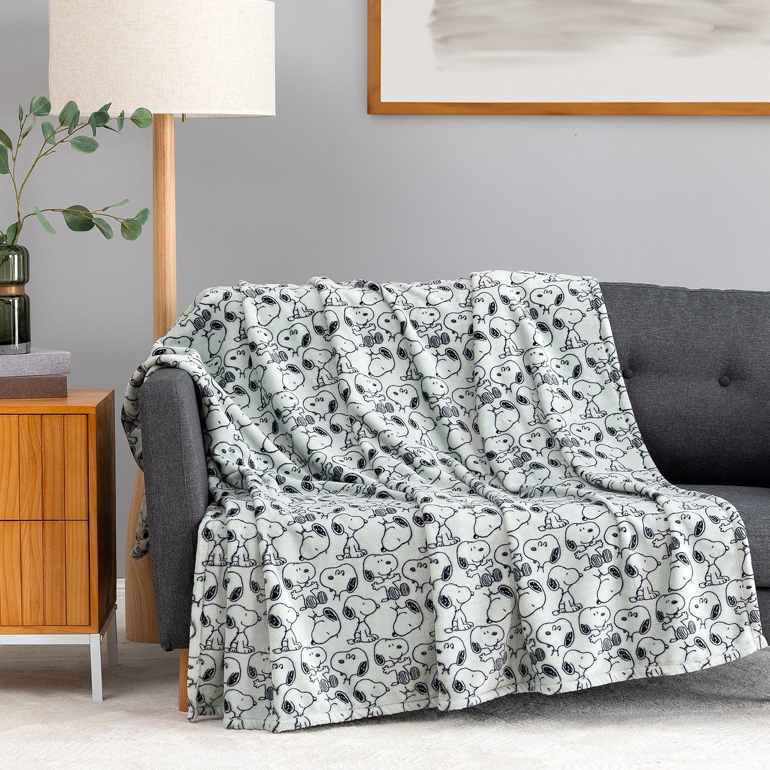A light gray throw blanket with a black-and-white cartoon dog pattern is draped over a dark gray sofa in a living room setting.