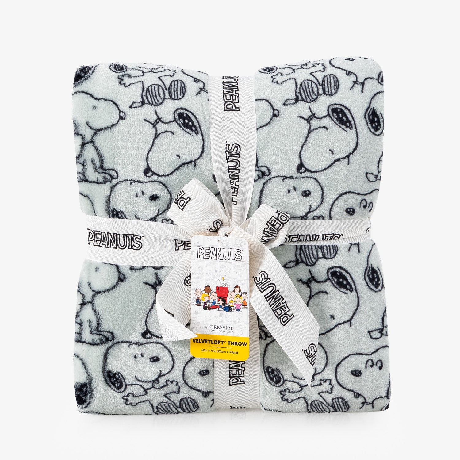 A sage reen peanuts printed throw packaged neatly on a white surface.