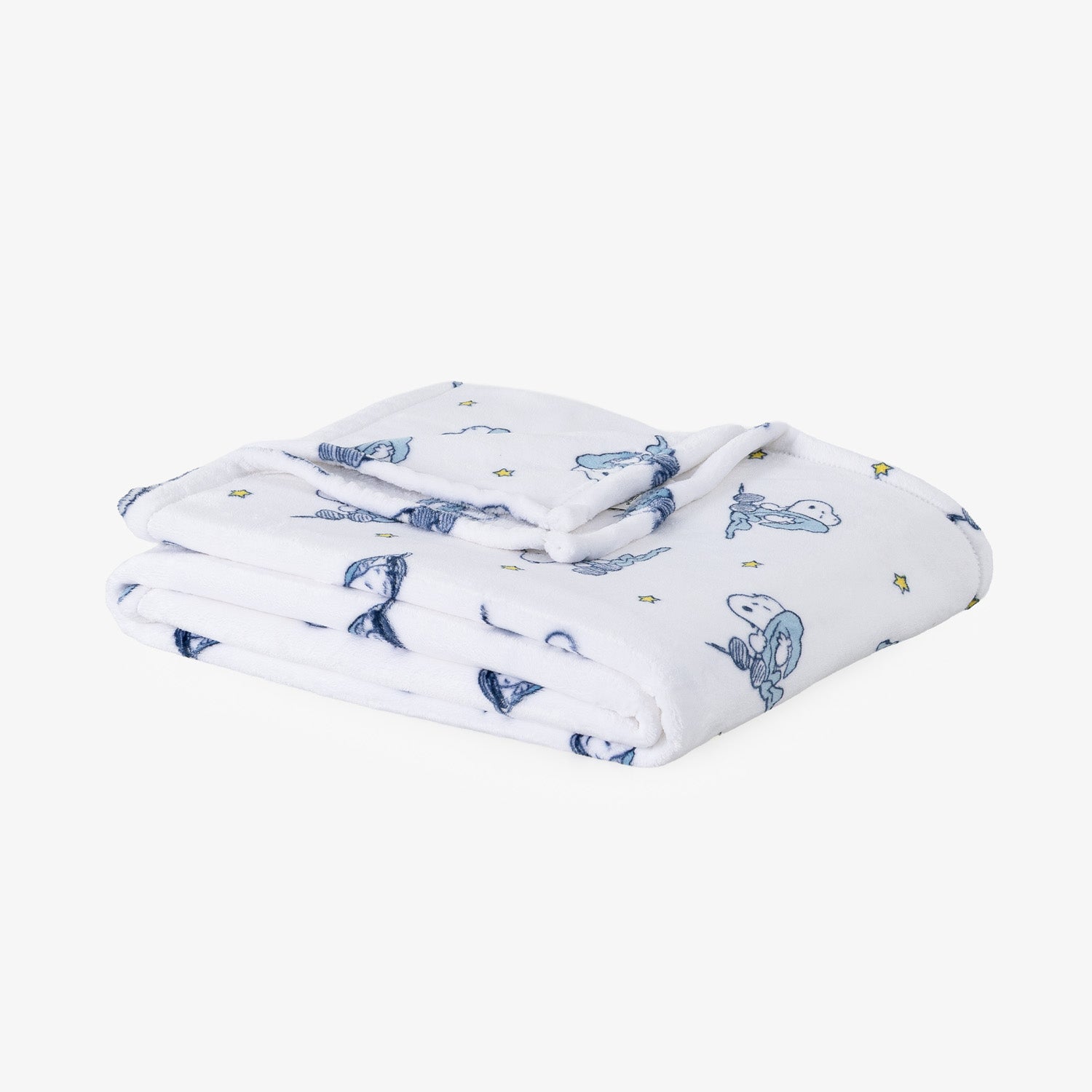 A folded white muslin blanket with a blue white and star pattern, displayed on a clean white background.