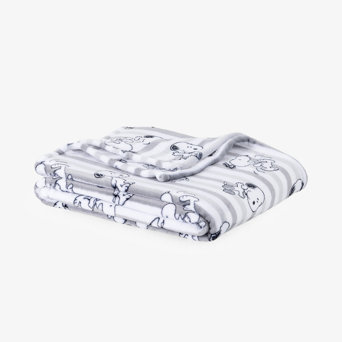 A folded white blanket with gray stripes and a cartoon dog pattern, shown on a light gray background.
