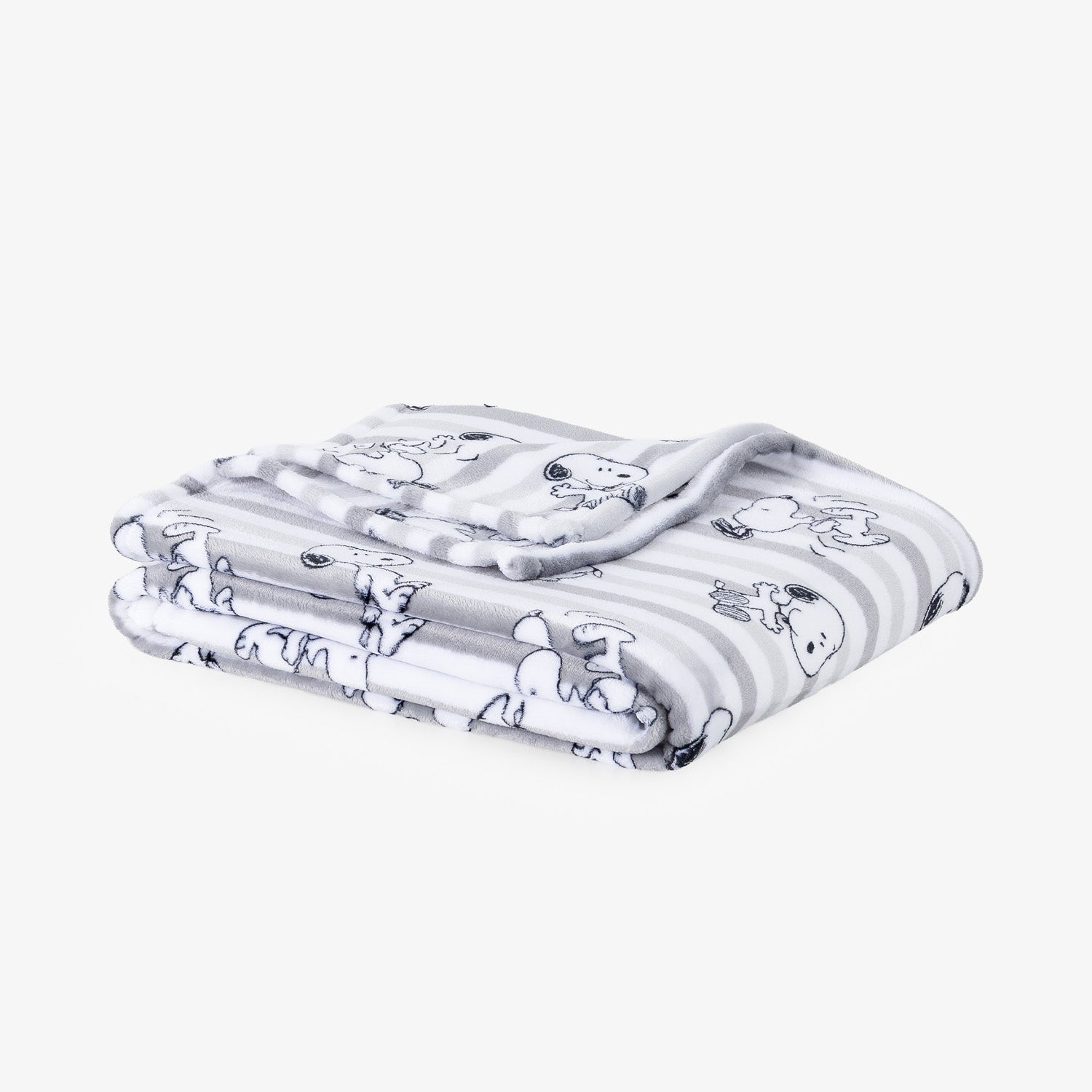 A folded white blanket with gray stripes and a cartoon dog pattern, shown on a light gray background.