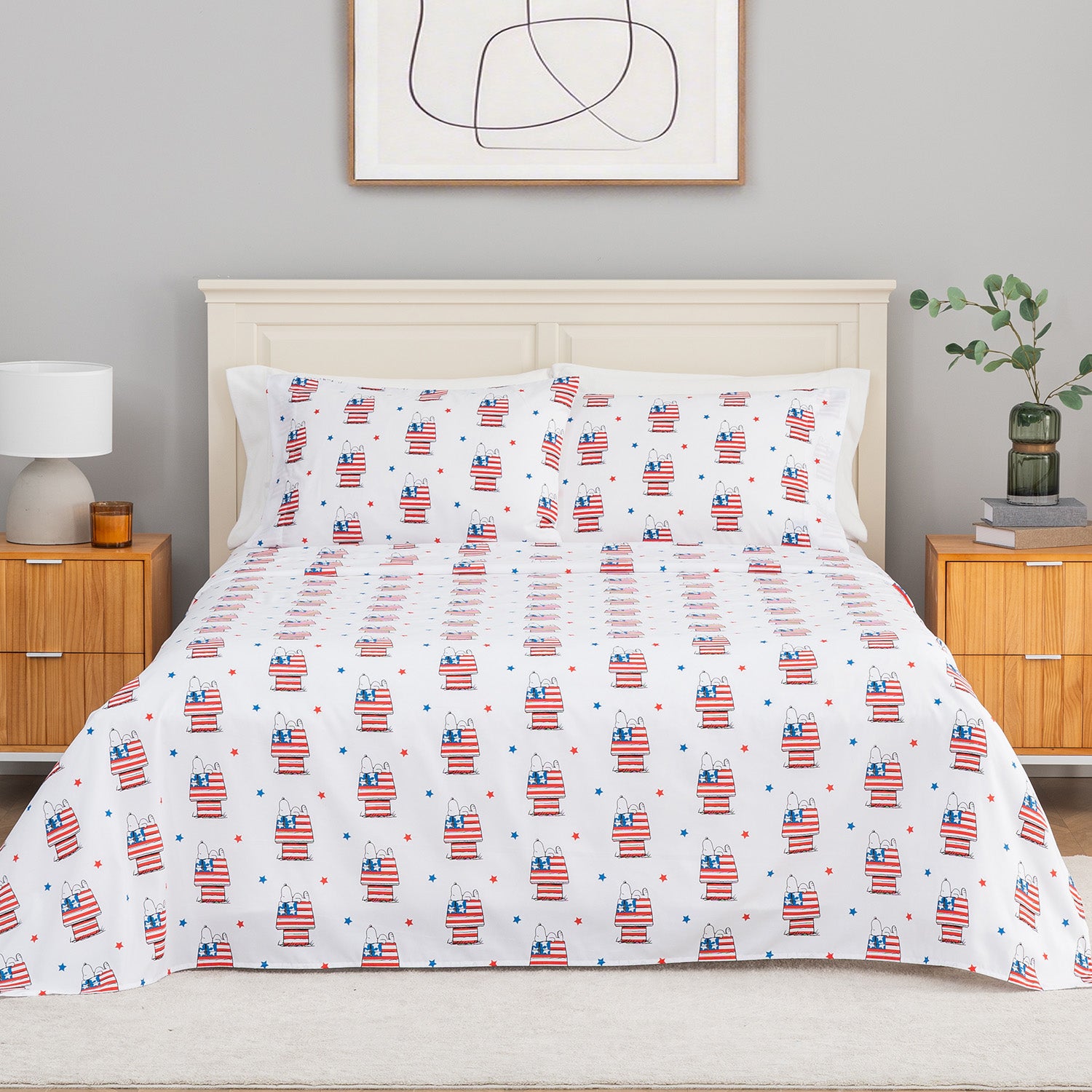 Bedding set with American flag pattern in a bedroom setting