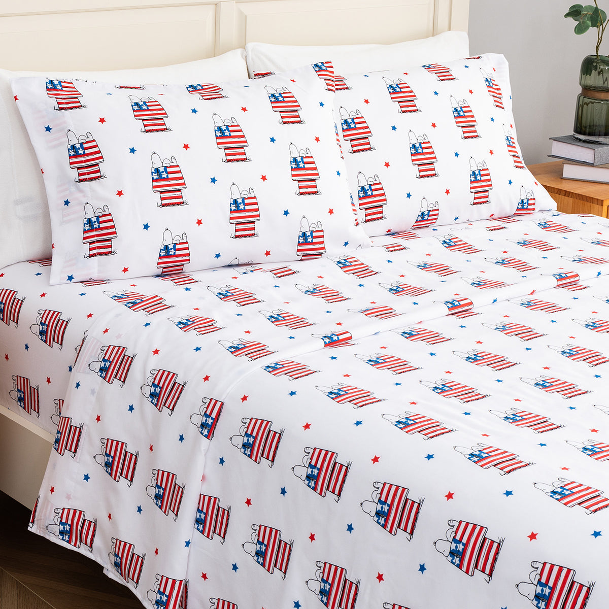 Bedding set with American flag design on a white background