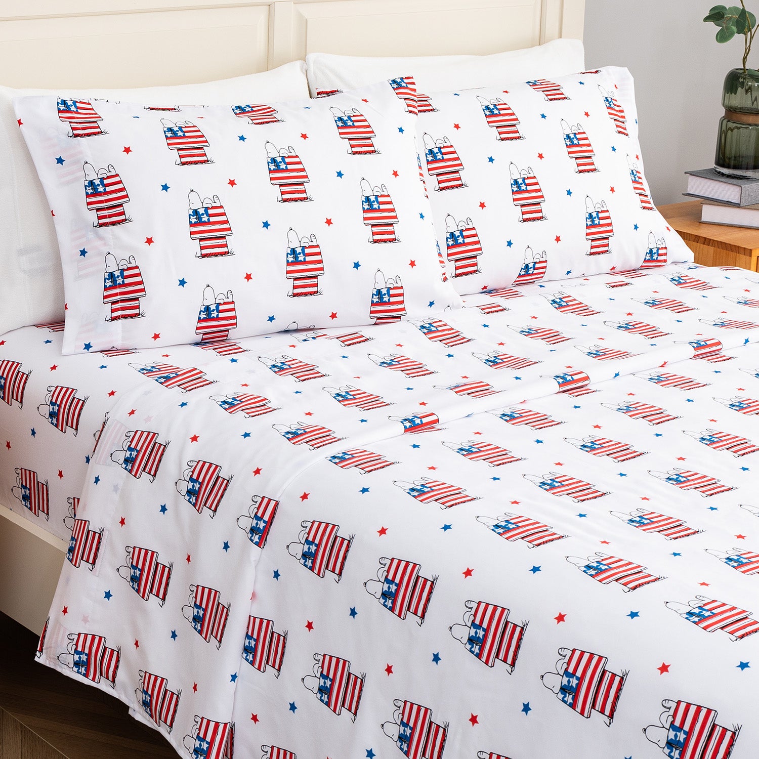 Bedding set with American flag design on a white background