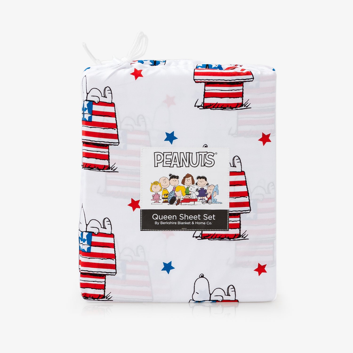 Peanuts themed sheet set packaging with Snoopy and Woodstock on a white background