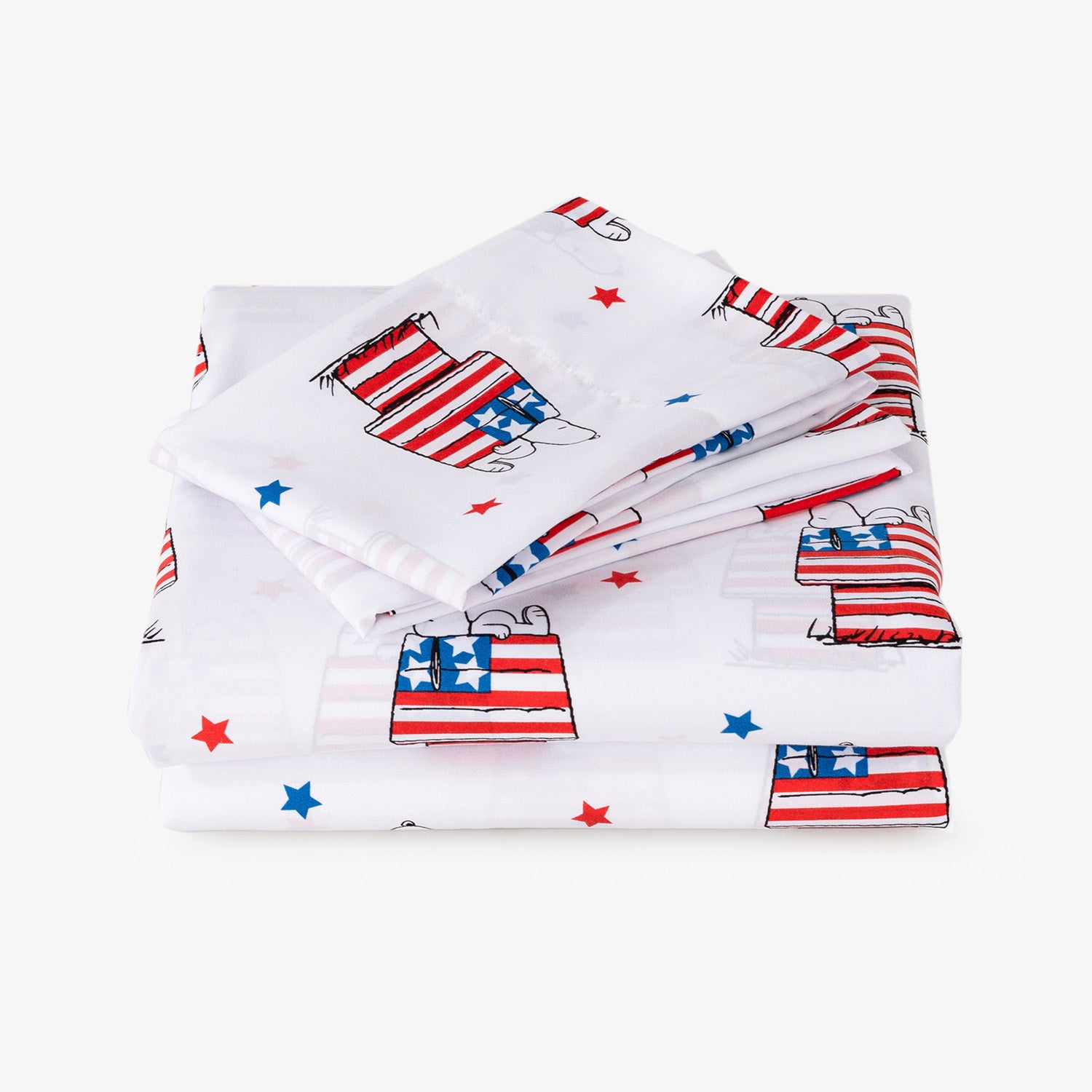 Folded bed sheet with American flag design on a white background
