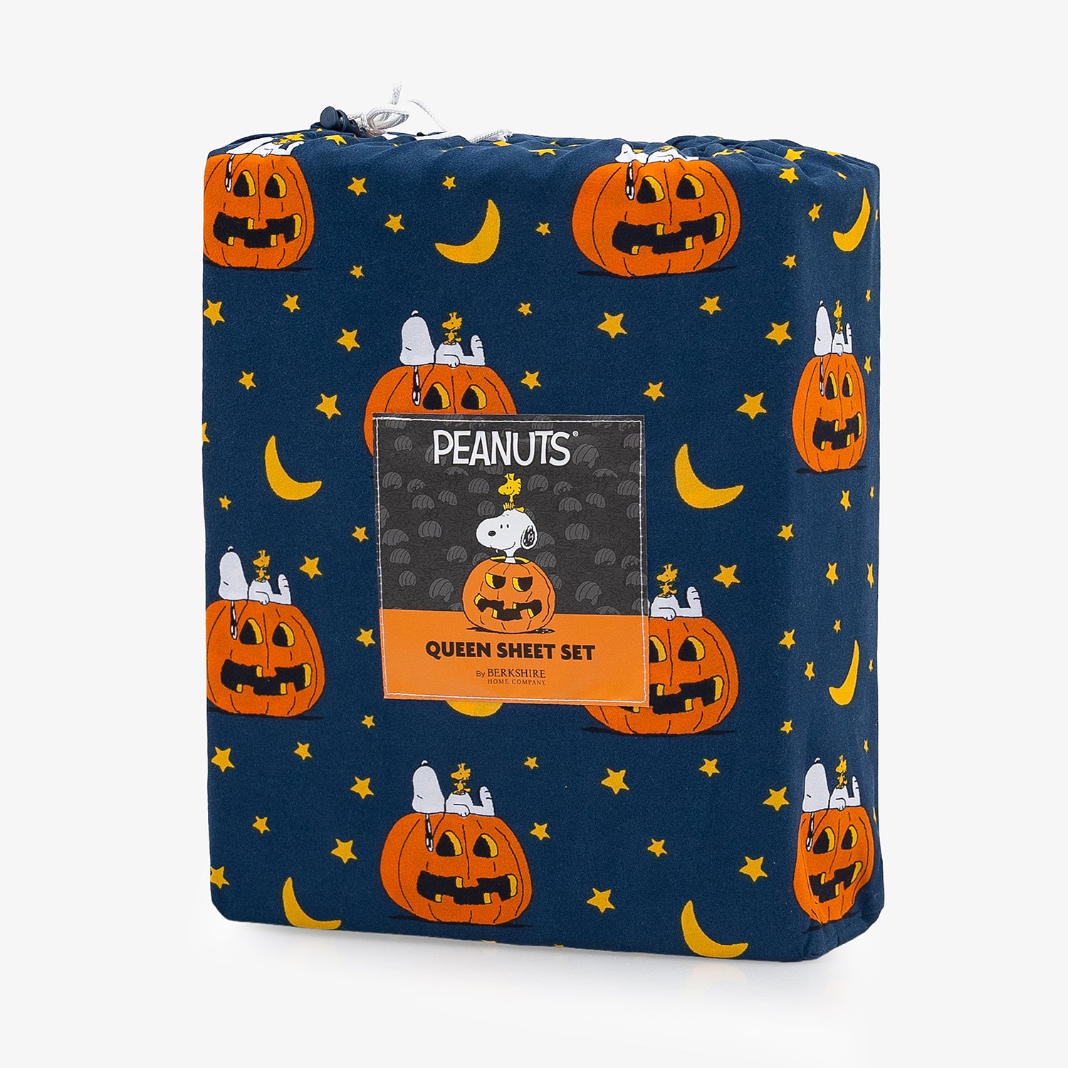A packaged Peanuts-themed Queen Sheet Set by Bendislic, featuring a navy blue Halloween print with pumpkins, stars, and crescent moons, wrapped in a clear plastic bag with a front label.