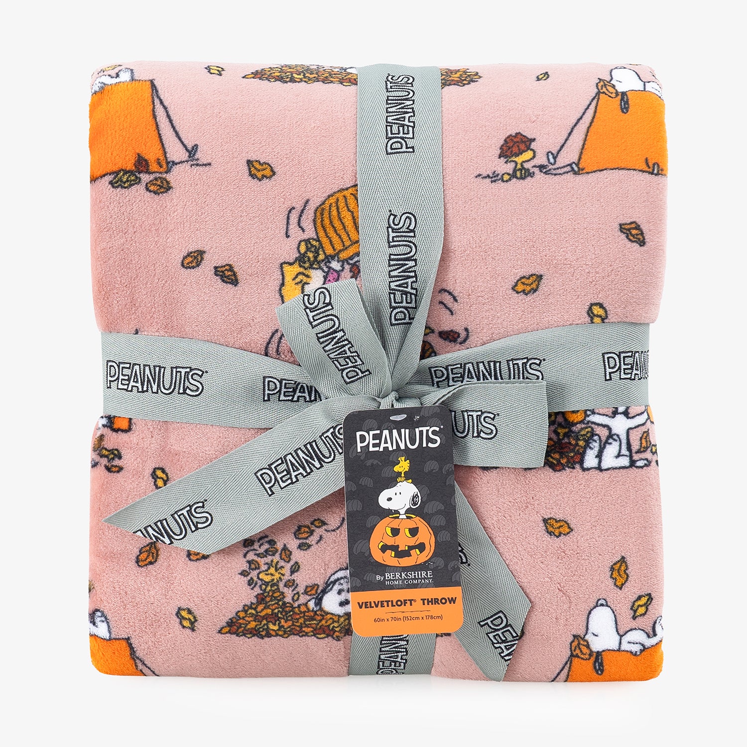 A folded pink Velvytoff throw blanket featuring a cartoon print of Snoopy and Woodstock with orange pumpkins and autumn leaves, wrapped in a gray ribbon printed with the 'PEANUTS' logo and a product tag.