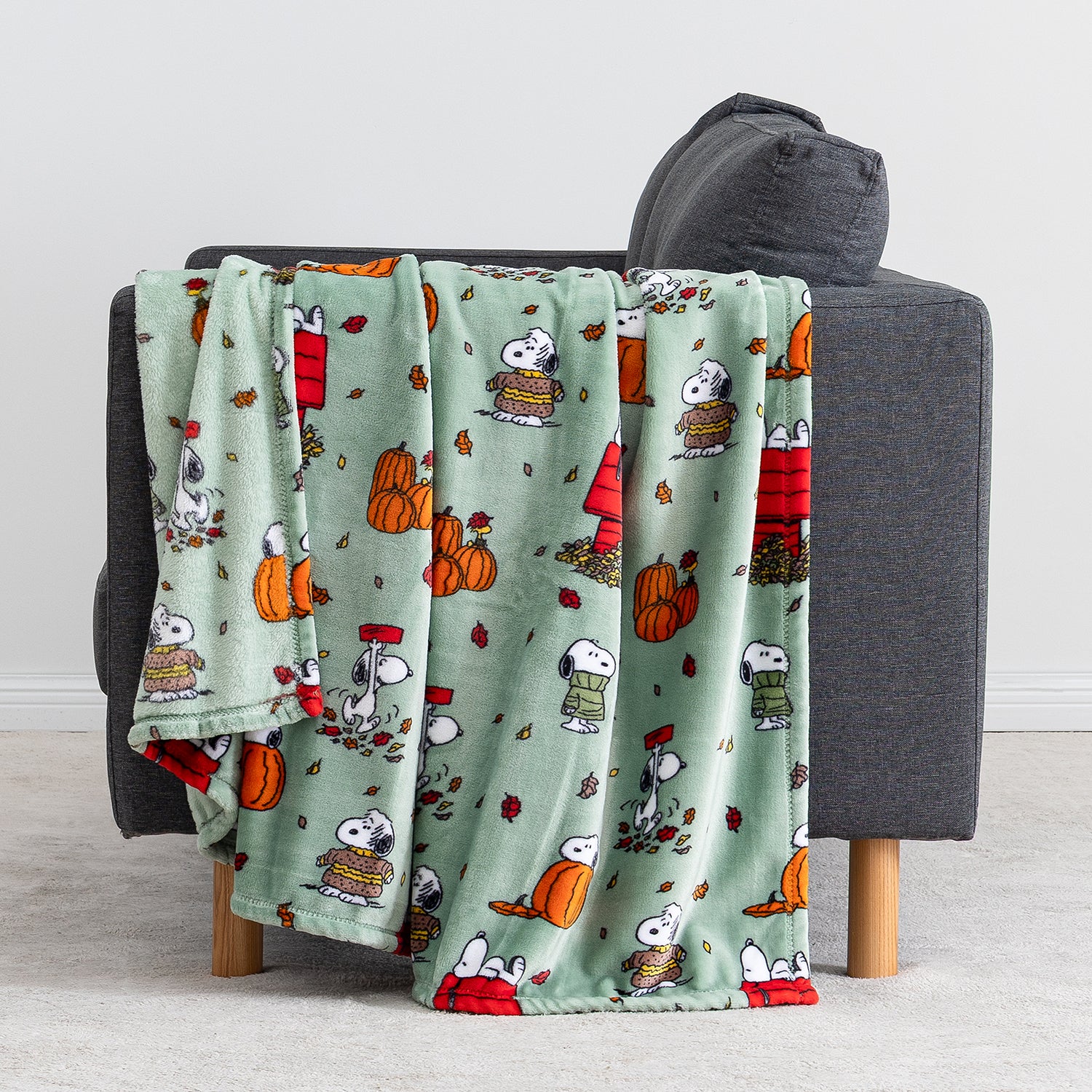 A mint green throw blanket with a repeating cartoon print of Snoopy and Woodstock in autumn outfits, draped over the back of a dark gray armchair.