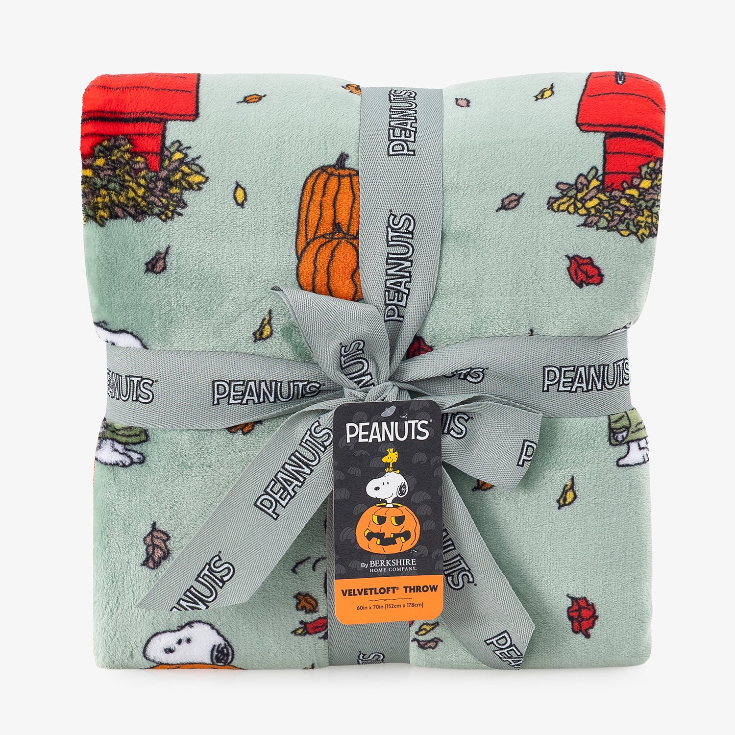 A folded Peanuts-themed throw blanket in a pale mint green color, decorated with autumn and holiday motifs including pumpkins, leaves, and red houses. The blanket is wrapped in a gray ribbon printed with 'PEANUTS' and has a hanging tag.