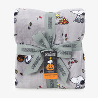 A folded gray plush throw blanket with a Peanuts print featuring Snoopy and Woodstock, tied with a gray Peanuts ribbon and a Peanuts hangtag.