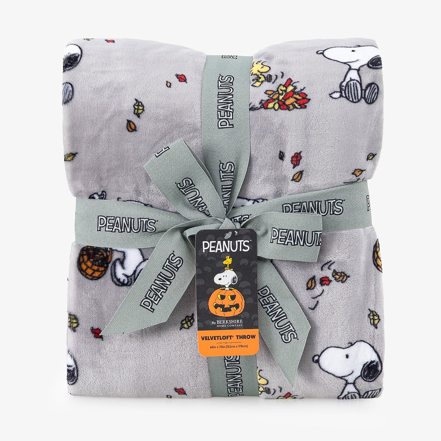 A folded gray plush throw blanket with a Peanuts print featuring Snoopy and Woodstock, tied with a gray Peanuts ribbon and a Peanuts hangtag.