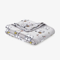 A folded light gray blanket featuring a cartoon print of Snoopy and Woodstock, shown on a clean white background.