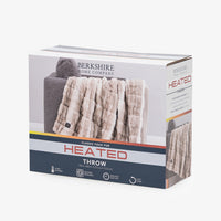 Berkshire Home Company Classic Faux Fur Heated Throw blanket in its retail packaging, featuring a beige faux fur design with a small black logo patch.
