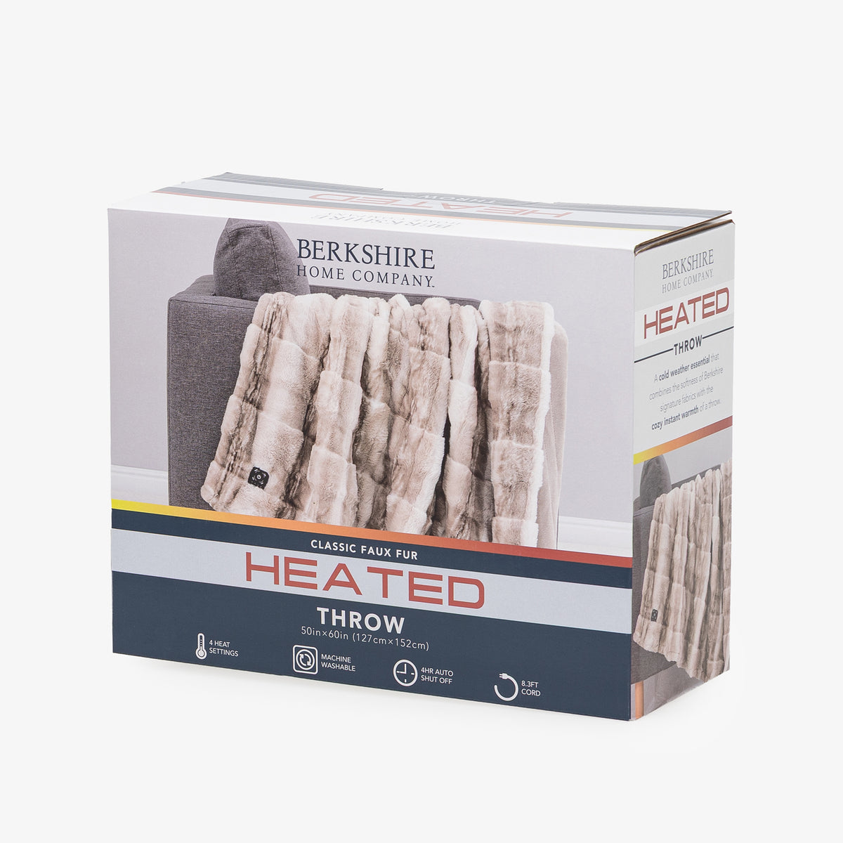 Berkshire Home Company Classic Faux Fur Heated Throw blanket in its retail packaging, featuring a beige faux fur design with a small black logo patch.