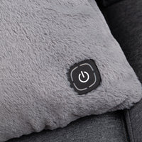 Close up of a grey heated lumbar pillow.