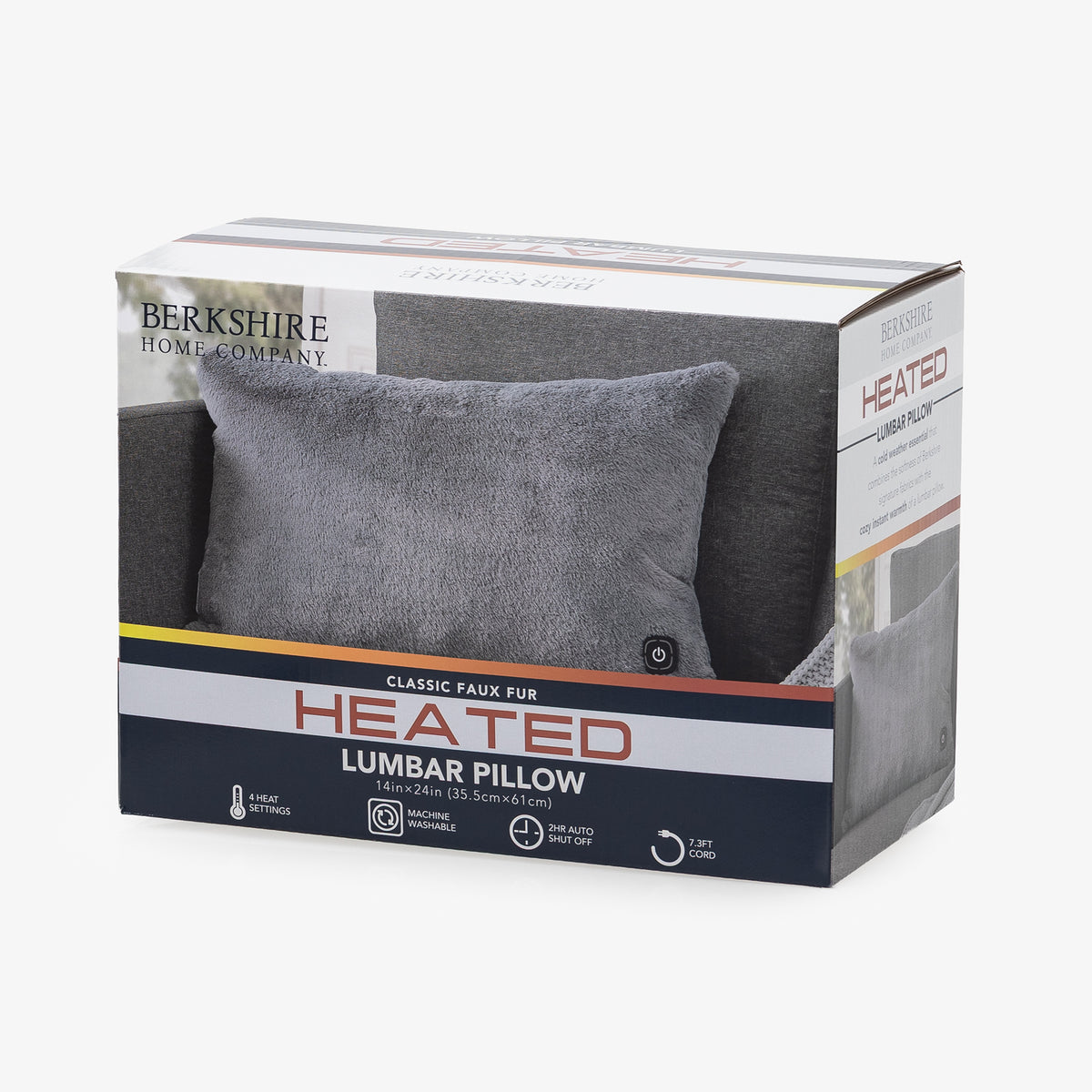 Berkshire Home Company Classic Faux Fur Heated Lumbar Pillow in its retail packaging, featuring a gray pillow with a temperature display button on the front of the box.