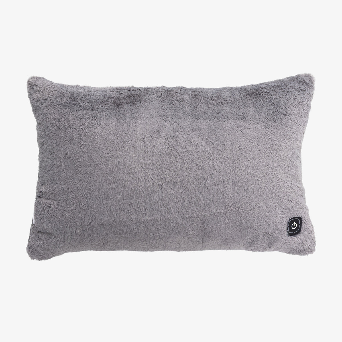 A rectangular gray faux fur pillow with a small black power button on the bottom right corner, shown against a plain white background.
