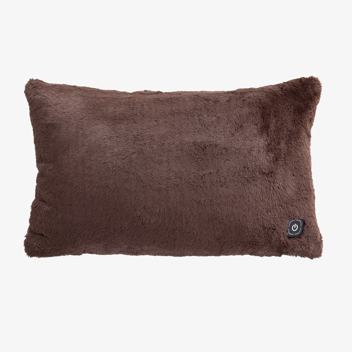 A brown heated lumbar pillow on a white surface.