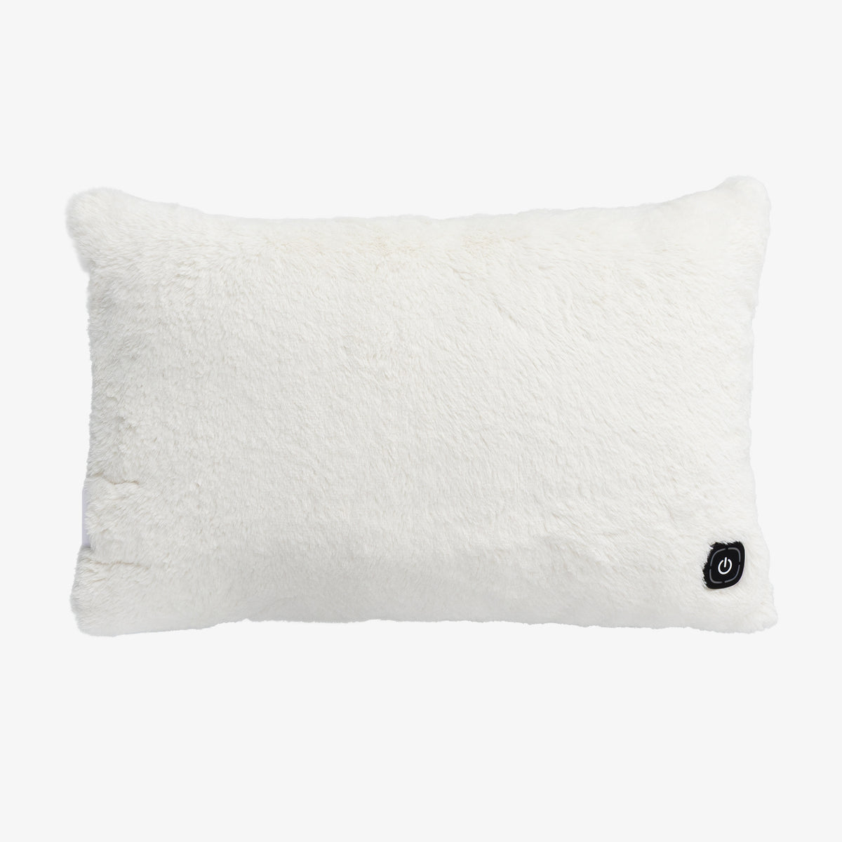 A rectangular white faux fur throw pillow with a small black power button on the bottom right corner, shown against a plain white background.