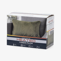 Berkshire Home Company Classic Paux Fur Heated Lumbar Pillow in olive green, shown in its retail packaging against a light gray background.
