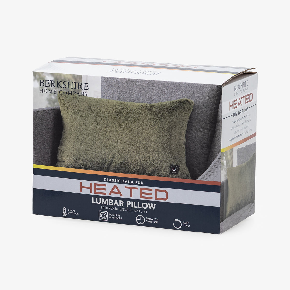 Berkshire Home Company Classic Paux Fur Heated Lumbar Pillow in olive green, shown in its retail packaging against a light gray background.