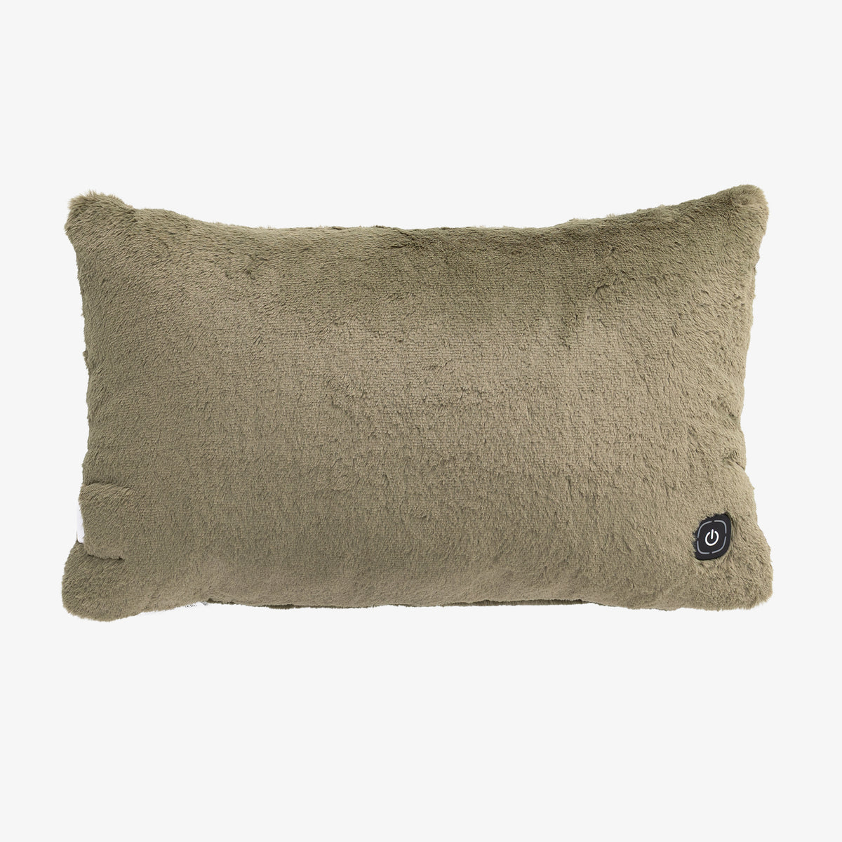 A rectangular plush lumbar pillow in a muted taupe-gray color, featuring a small black circular control button on the lower right corner, set against a plain white background.