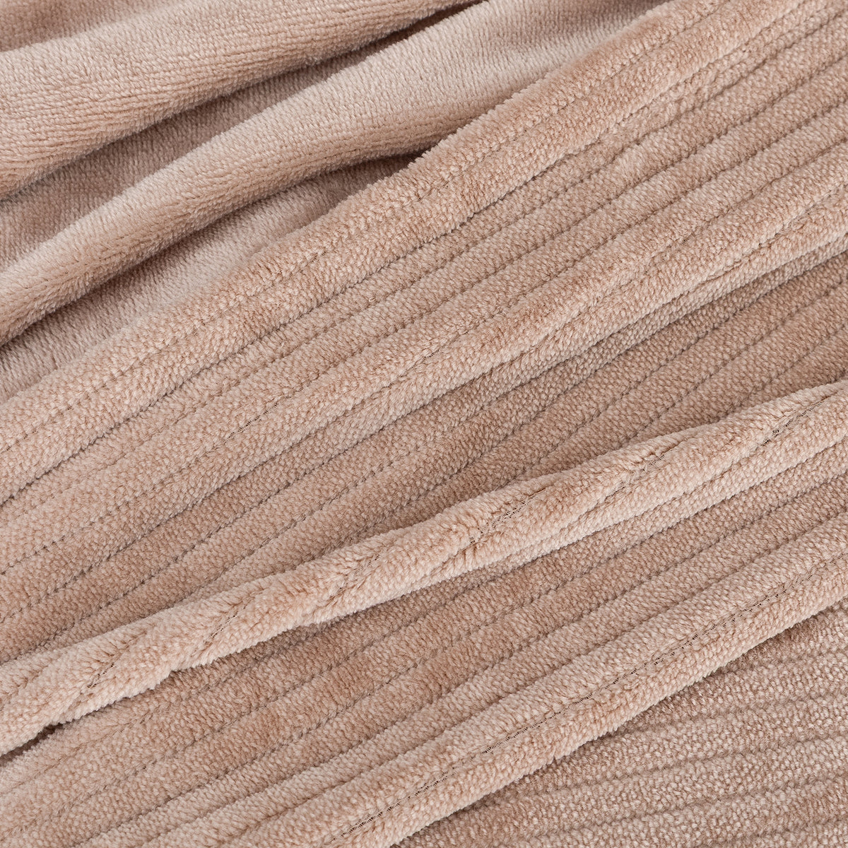 A close-up of a soft, ribbed fabric in a warm taupe-beige color, showing the plush terry texture and stitched channel construction.