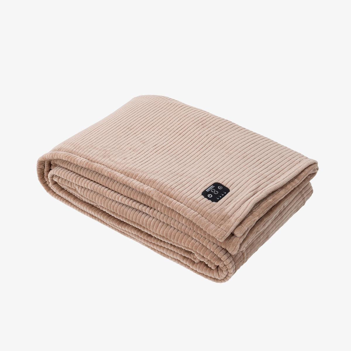 A folded beige corduroy blanket with a small black control tag, shown on a clean white background.