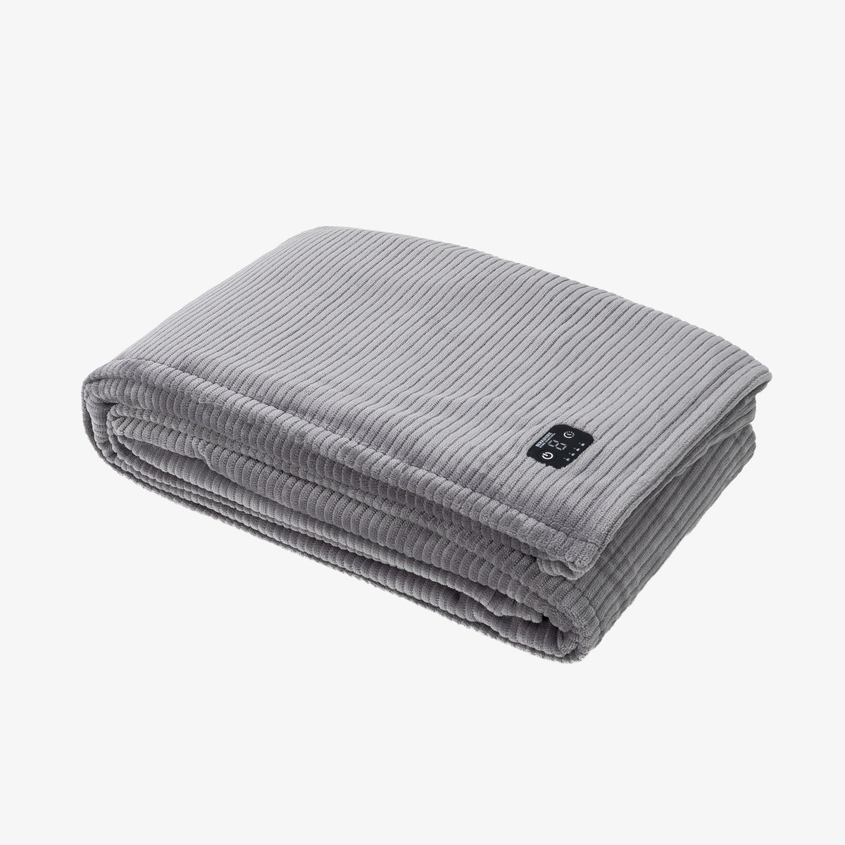 A folded gray ribbed corduroy blanket with a small black brand tag, shown on a clean white background.
