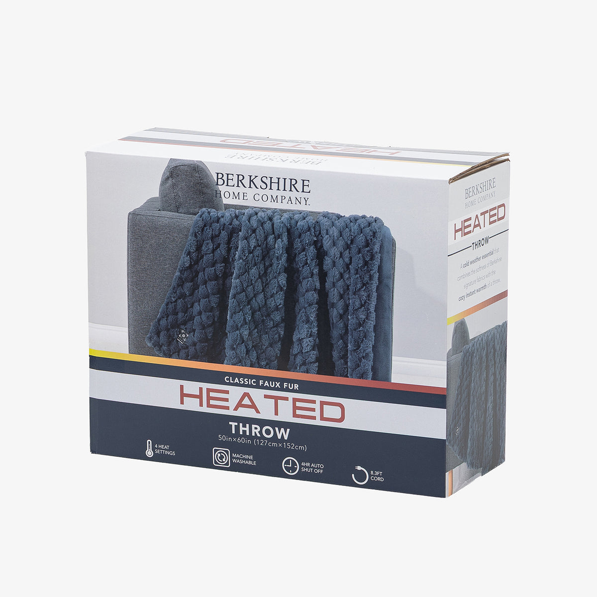 Berkshire Home Company Classic Faux Fur Heated Throw blanket in a dark blue-gray color, shown inside its retail packaging box against a light gray background.