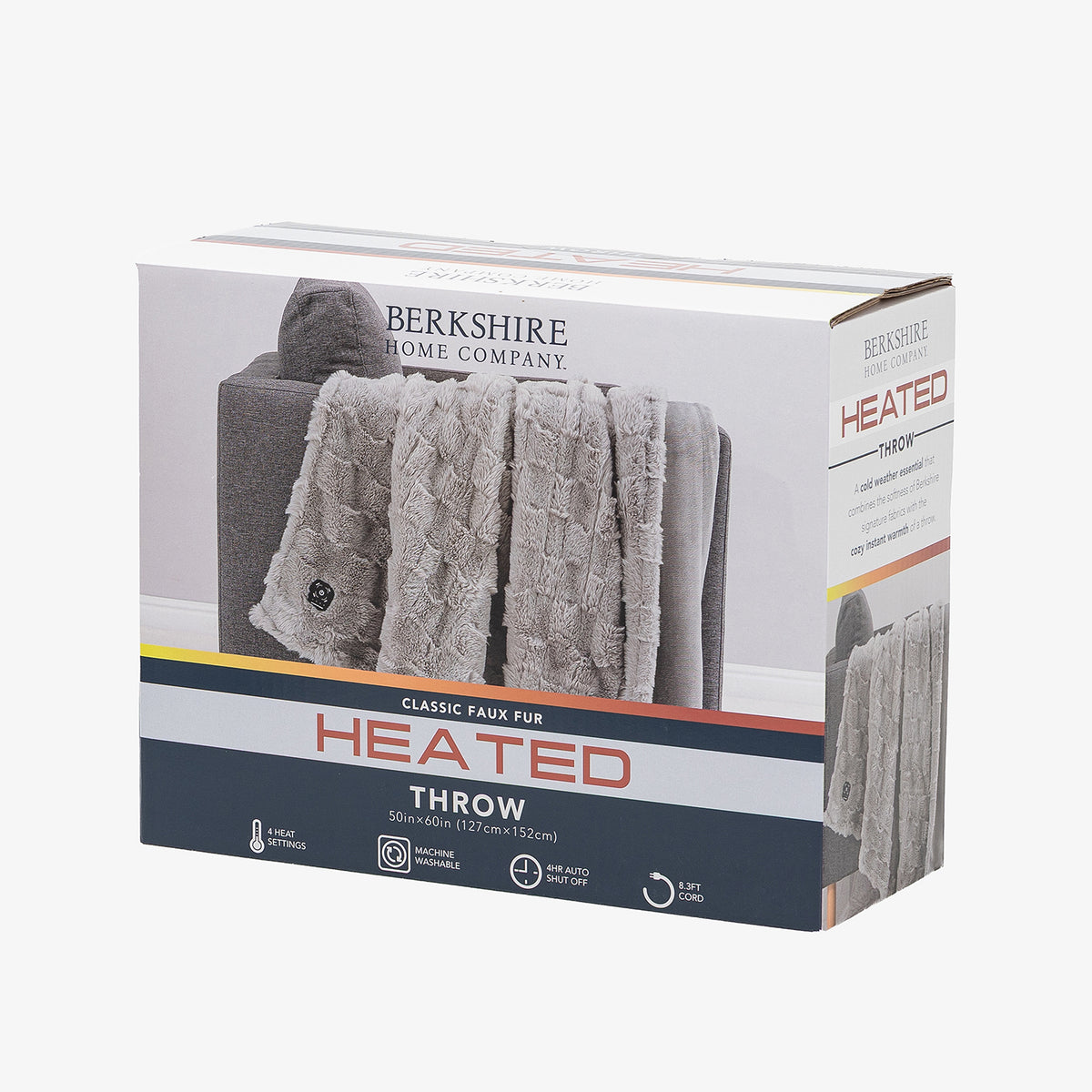 Packaging of a classic faux fur heated throw blanket featuring 4 heat settings, machine washability, 4 hour auto shut off, and an 8.3ft long cord.