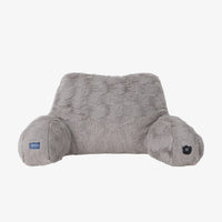 A gray plush neck pillow with integrated side bolsters, shown against a plain white background.
