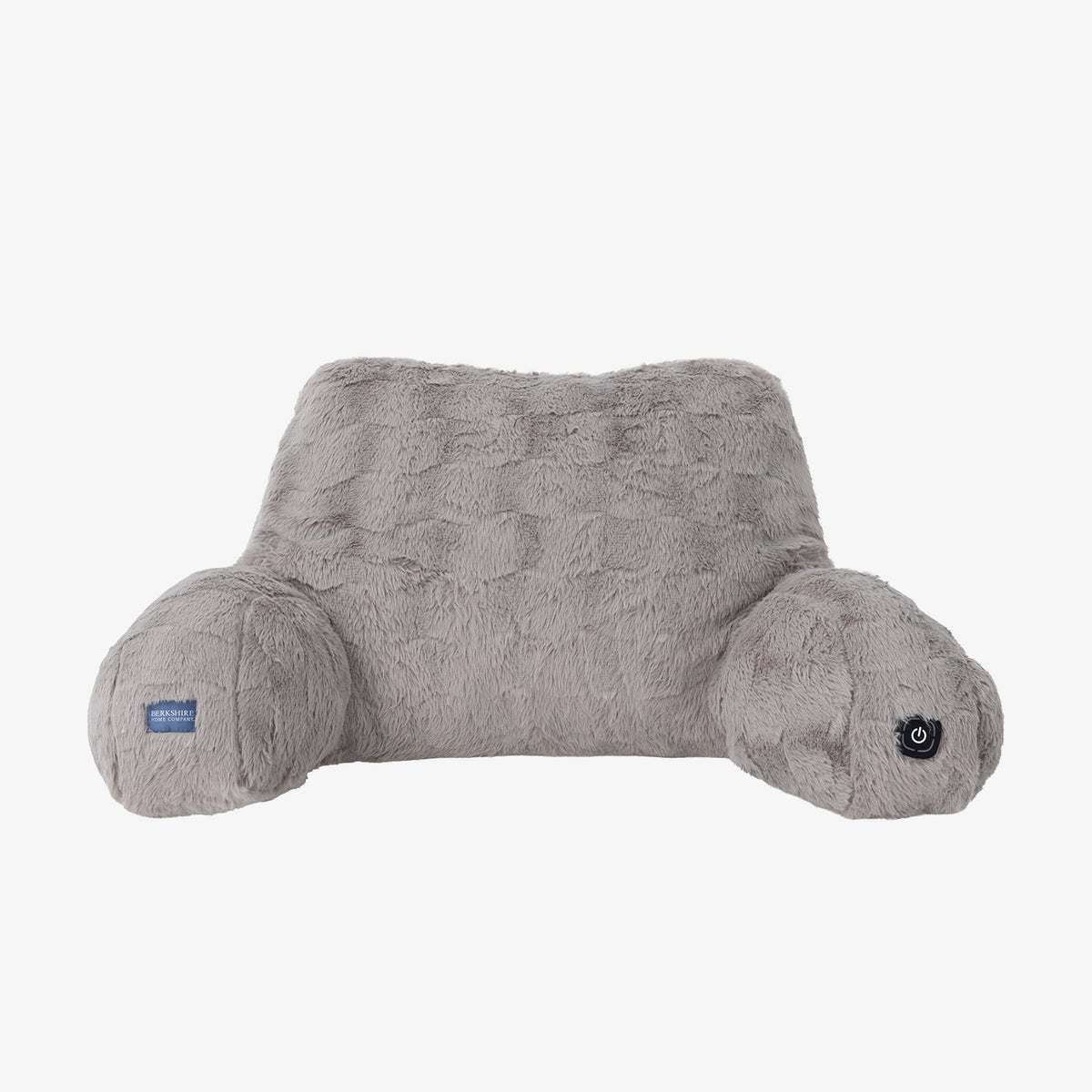 A gray plush neck pillow with integrated side bolsters, shown against a plain white background.